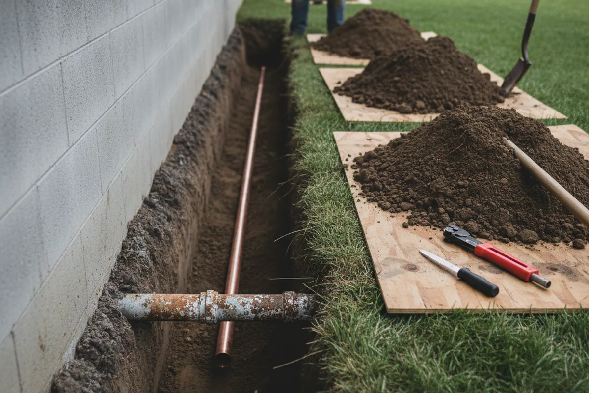 Excavated water line trench during Sewer Line Repair in Altamont